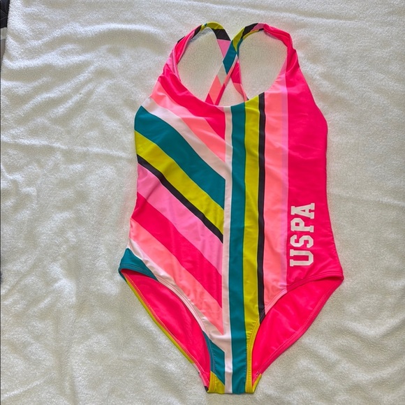 Kids Striped One Piece Swimsuit - Pink and Green - Picture 1 of 3